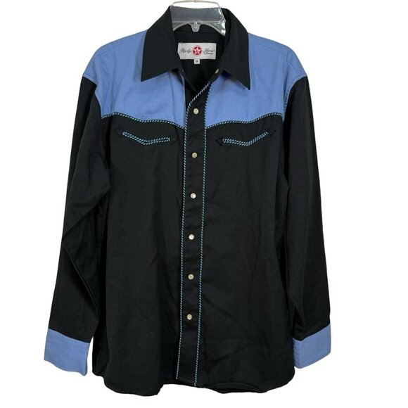 Rudy Lara Western Rockabilly Mens Shirt Size M Black & Blue Pearl Snap Heavy Wgt - Picture 1 of 4